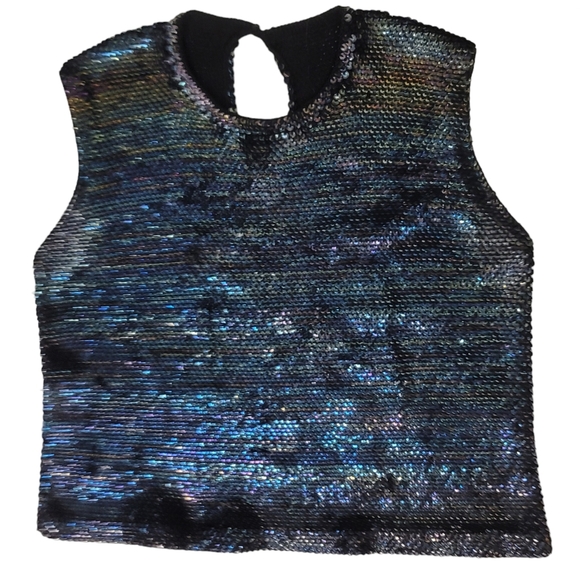 Vintage Iridescent Sequined Midnight Blue Sleeveless Top XL - Picture 2 of 6